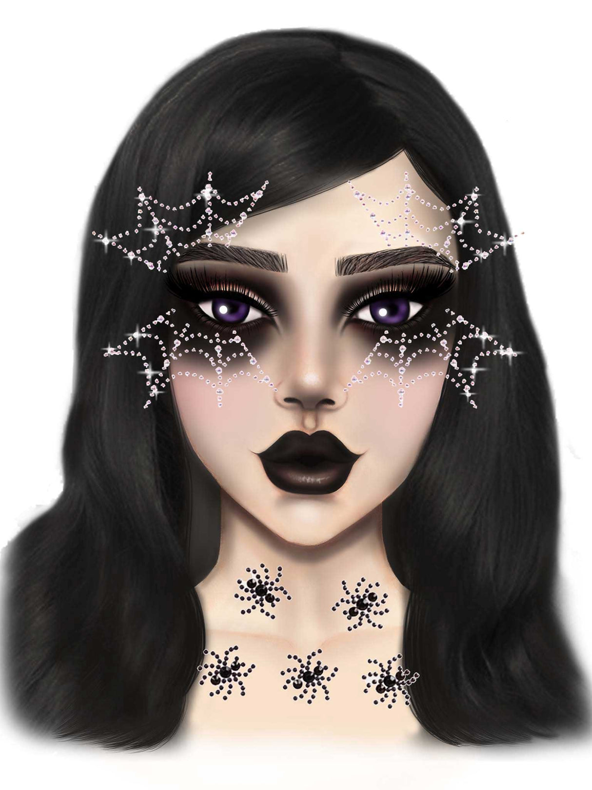 Leg Avenue Spider Web Face Jewels Sticker applied to a model's face, enhancing Halloween and costume looks with sparkle.