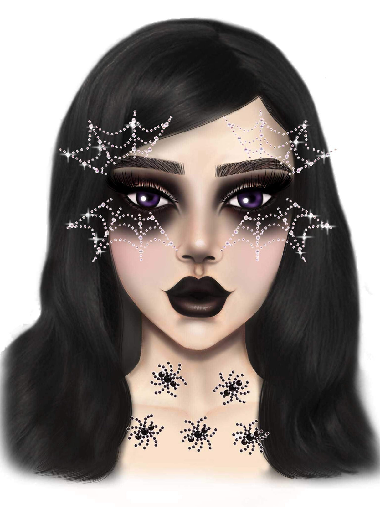 Leg Avenue Spider Web Face Jewels Sticker applied to a model's face, enhancing Halloween and costume looks with sparkle.