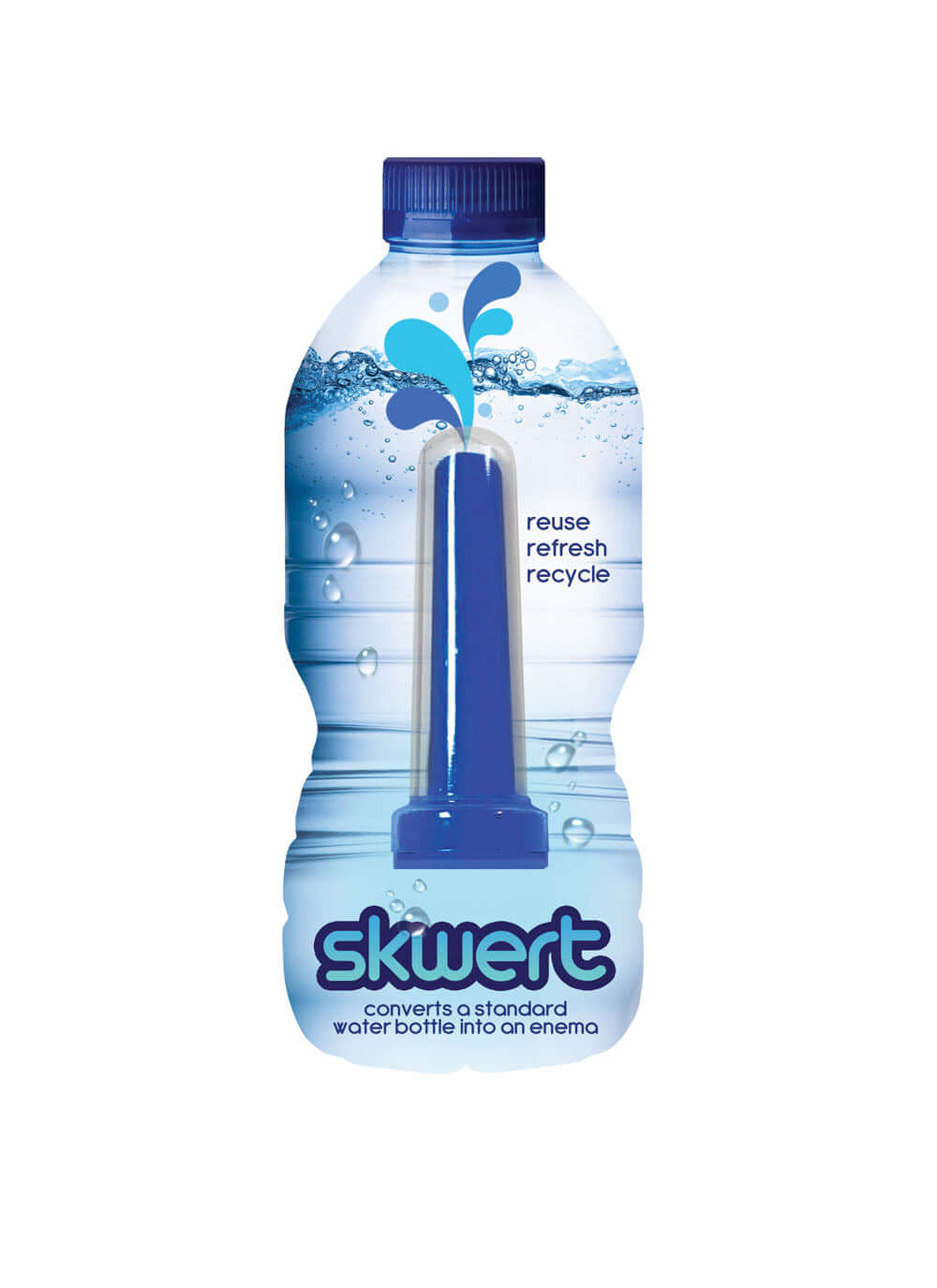 Boneyard Skwert Blue attachment converts a standard water bottle into a portable enema system for convenient cleansing.