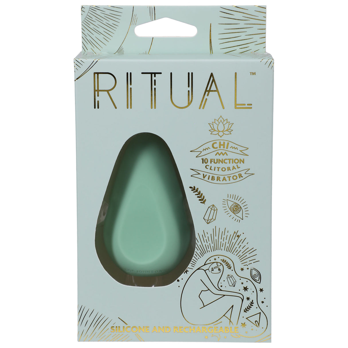 Ritual Chi Rechargeable Silicone Clit Vibe Mint packaging showcasing its features and design.