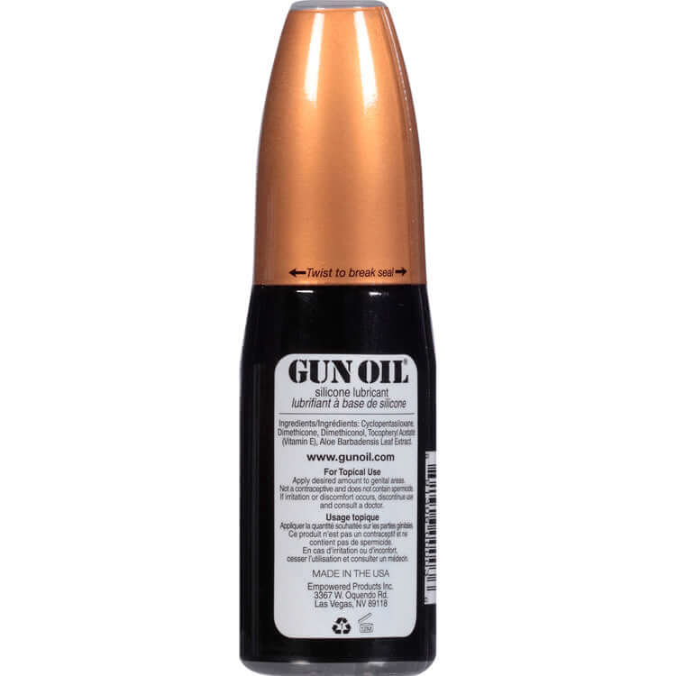 Gun Oil Silicone Lubricant 2 Oz bottle with a twist cap, featuring premium silicone-based formula.
