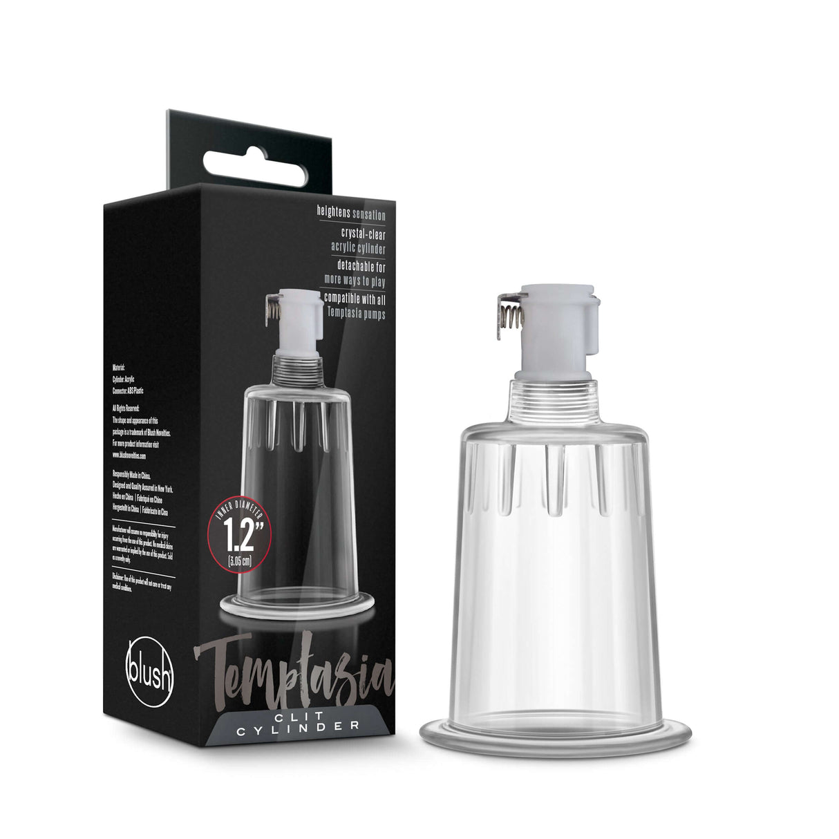 Temptasia Clit Cylinder 1.2 Inch Diameter Clear on packaging for enhanced sensitivity and circulation.