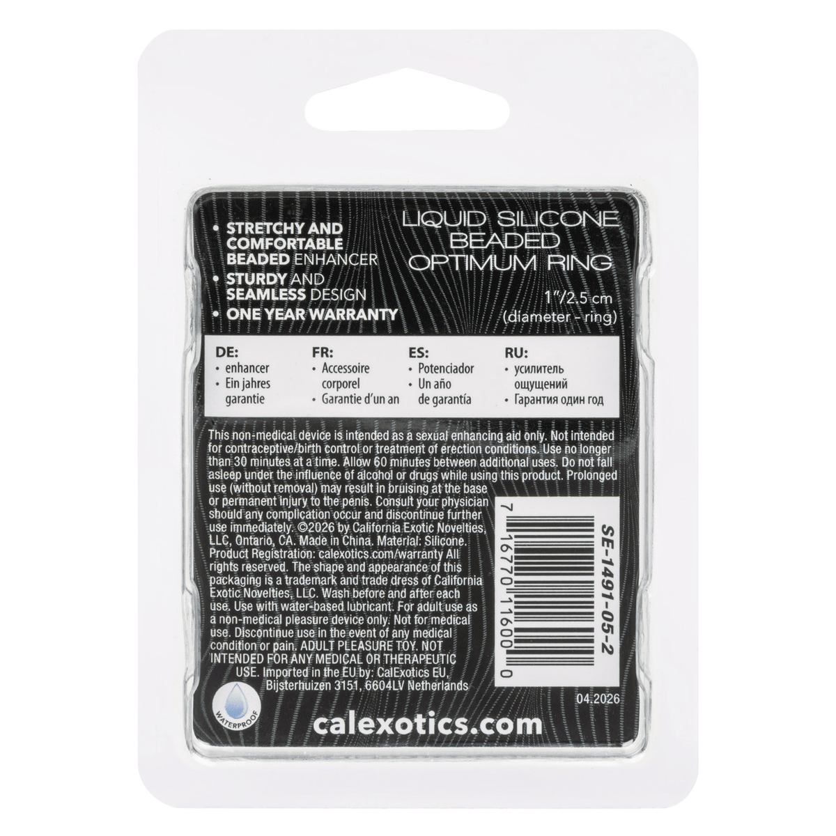 Alpha Liquid Silicone Beaded Optimum Ring Black package back with product information and warranty details.