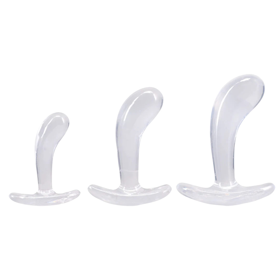Crystal Jellies Curved Anal Trainer Set Clear featuring three graduated sizes for comfortable anal training.