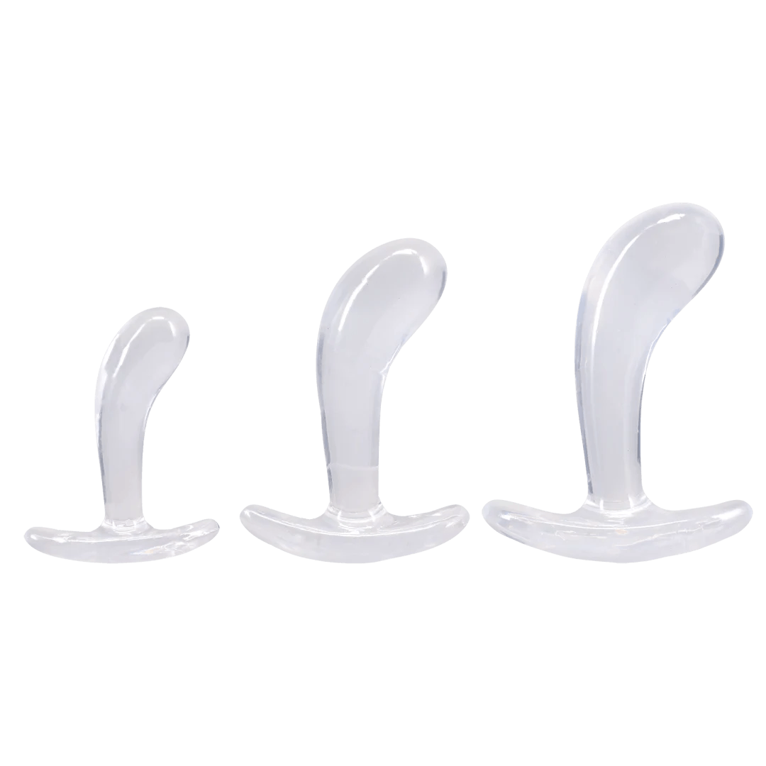 Crystal Jellies Curved Anal Trainer Set Clear featuring three graduated sizes for comfortable anal training.