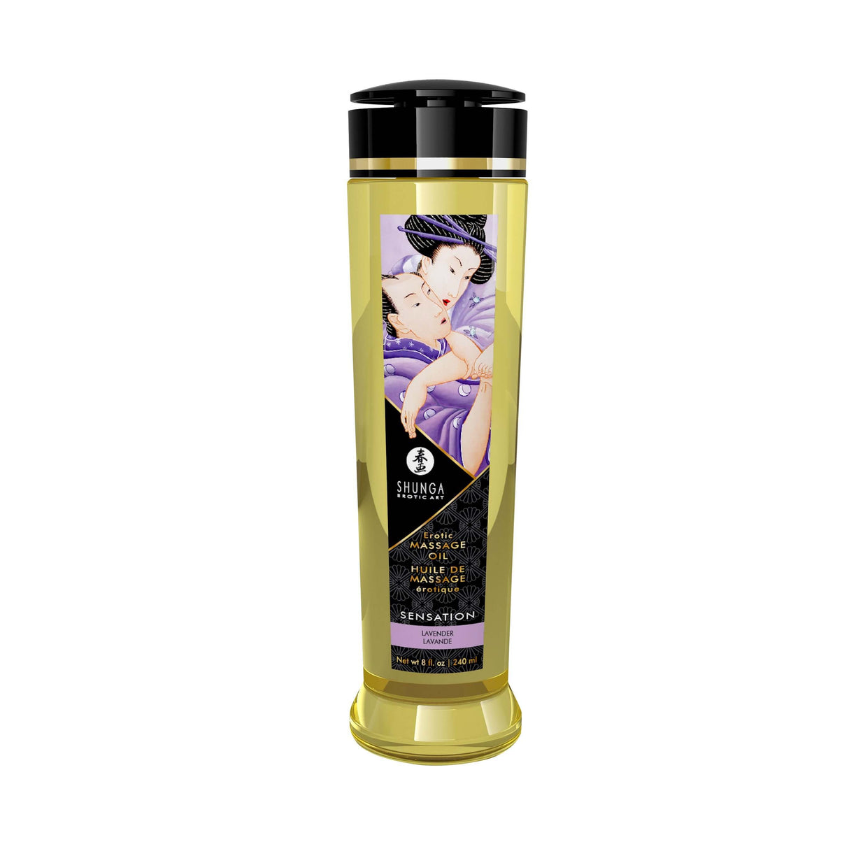 Shunga Massage Oils Sensation Lavender 8 Oz bottle with elegant design and vibrant packaging for sensual massage.