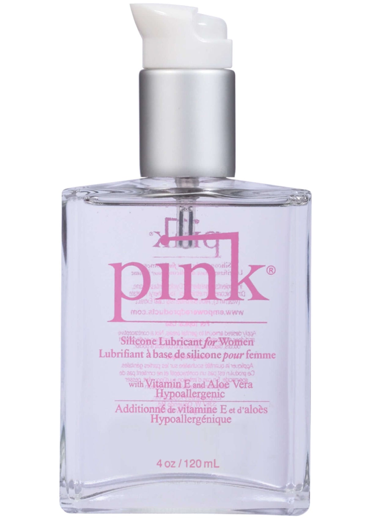 Pink Silicone Lubricant for Women 4 Oz Glass Bottle in a premium glass container with a pump.