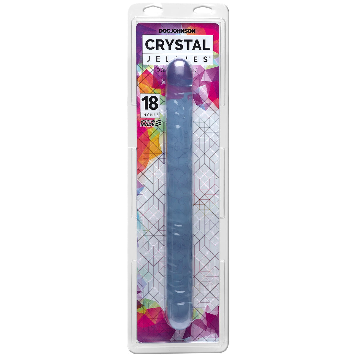 Crystal Jellies 18 Inch Double Dong Clear in packaging, showcasing its flexible design and realistic ends.