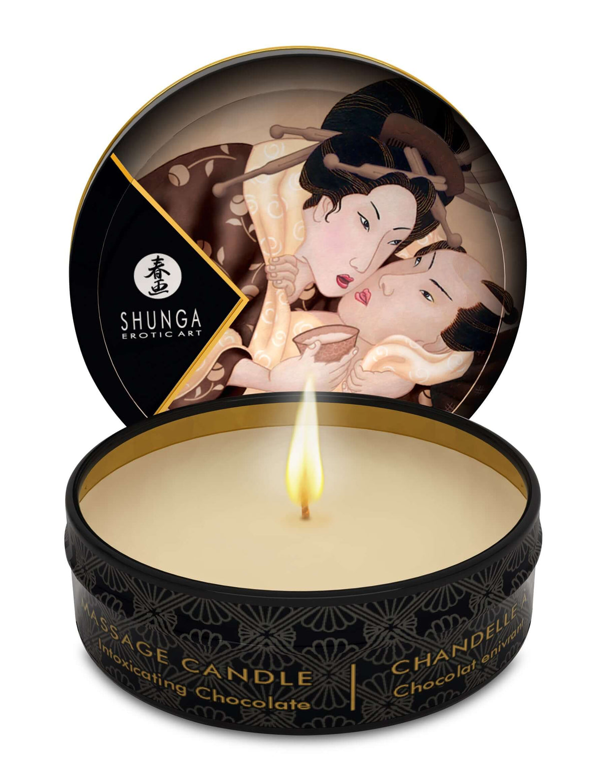 Shunga Mini Massage Candle Excitation Intoxicating Chocolate 1 Oz with flame, depicting romantic design on lid.
