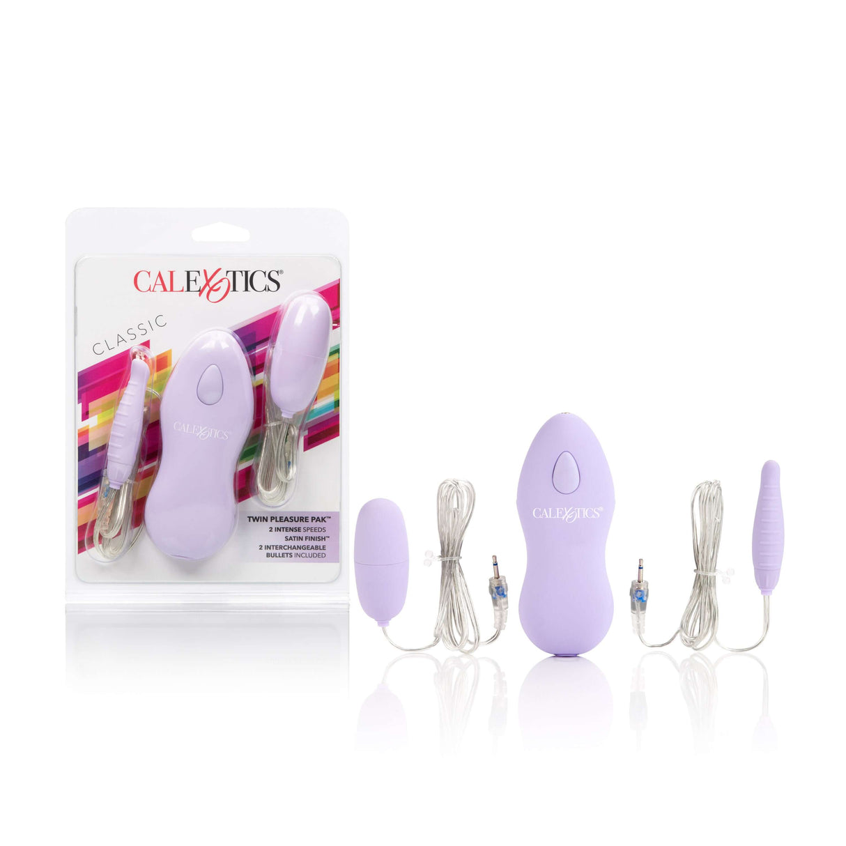 Twin Pleasure Pak Bullet Vibrator Purple with two interchangeable bullets and plug-in jacks for versatile pleasure.