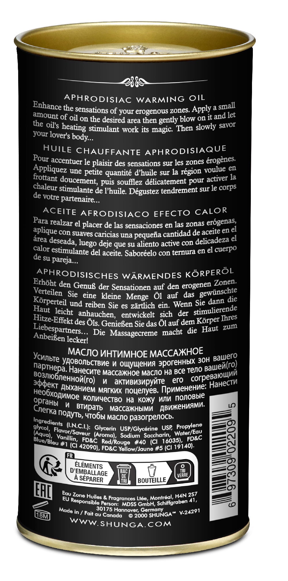 Shunga Aphrodisiac Warming Oil Intoxicating Chocolate 3.5 Oz bottle with detailed instructions and ingredients.