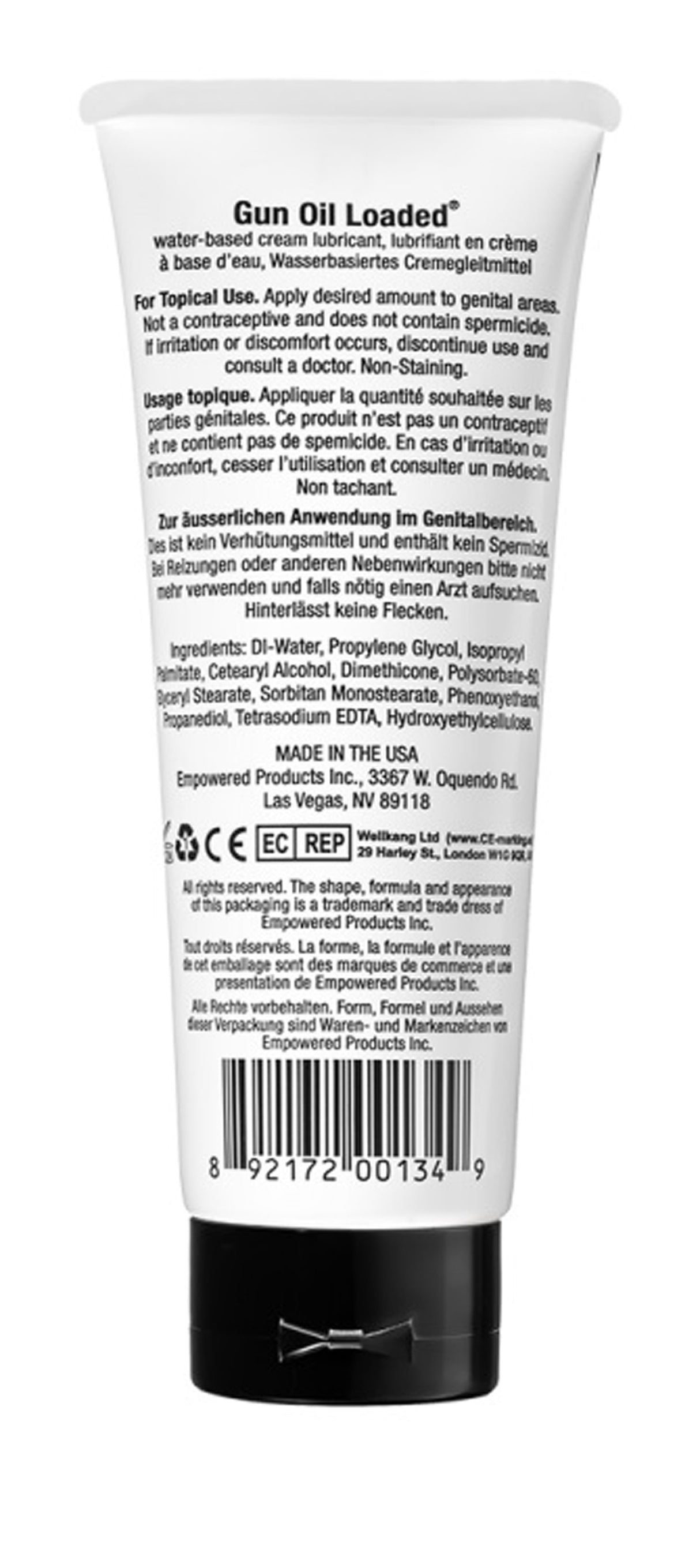 Gun Oil Loaded Water-based Cream Lubricant 3.3 Oz packaging with usage instructions and ingredients listed.