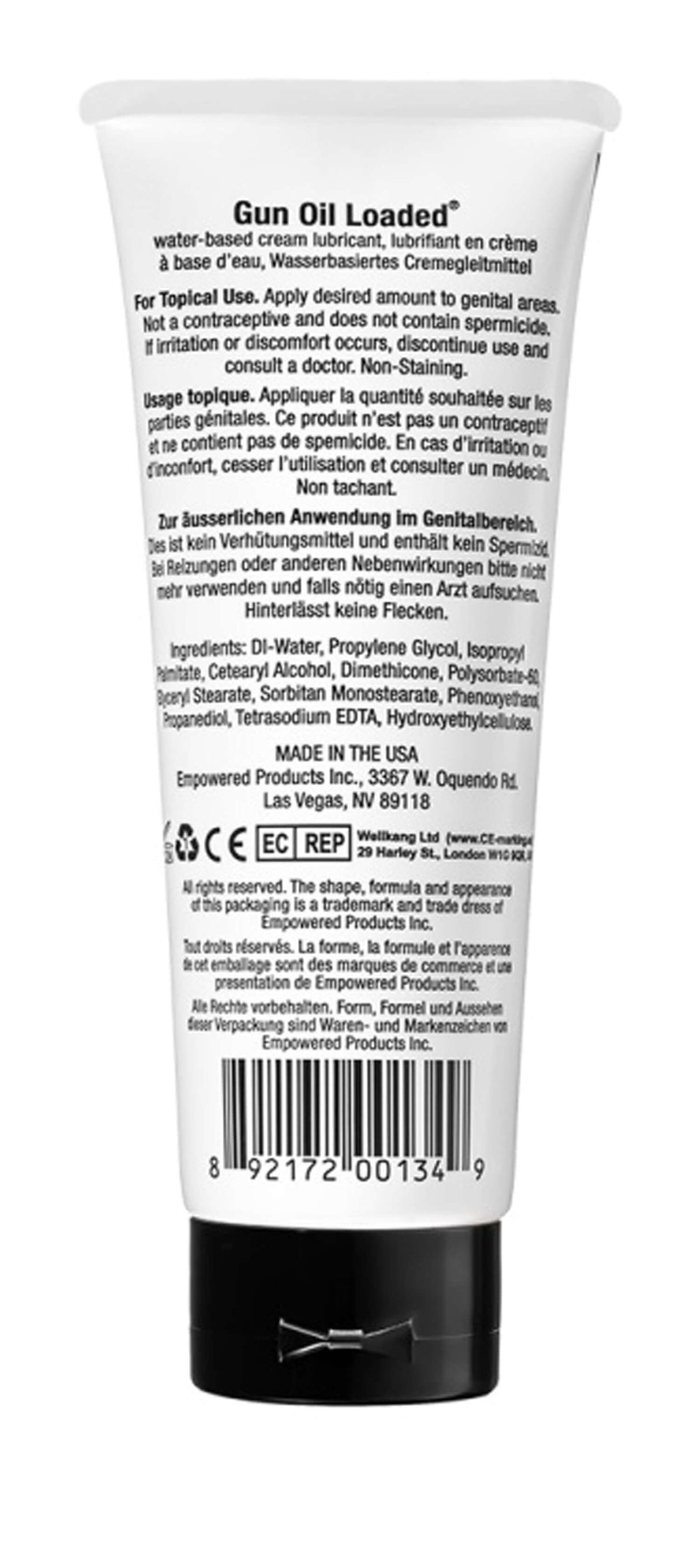 Gun Oil Loaded Water-based Cream Lubricant 3.3 Oz packaging with usage instructions and ingredients listed.