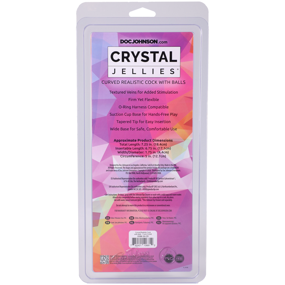 Packaging for Crystal Jellies Realistic Cock With Balls 7 Inch Clear by Doc Johnson, showing product details and features.