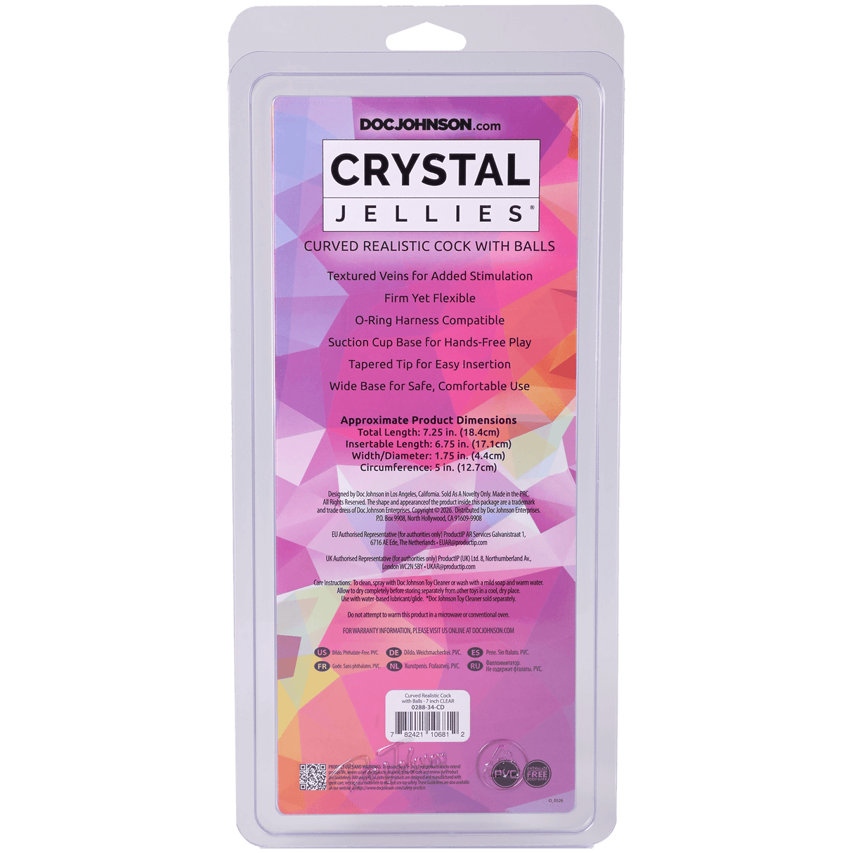 Packaging for Crystal Jellies Realistic Cock With Balls 7 Inch Clear by Doc Johnson, showing product details and features.