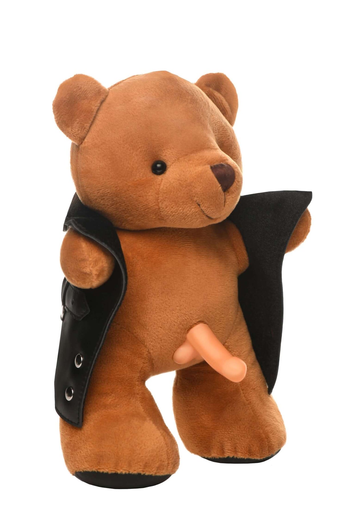 The Flasher Exhibitionist Teddy Bear Plush wearing a black vest, showcasing its playful design and humorous features.