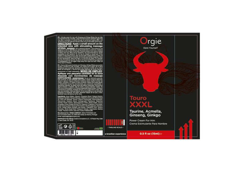 Orgie Touro Xxxl Power Cream for Him 15 ml packaging with detailed ingredient list and usage instructions.