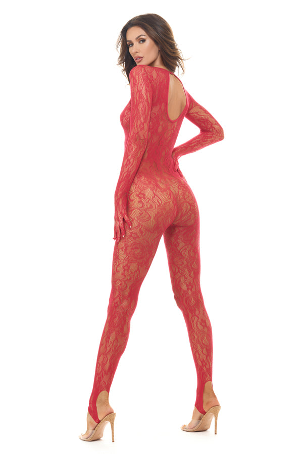 Rene Rofe Split Up Lace Bodystocking Red One Size showcasing a seductive lace design in bold red.