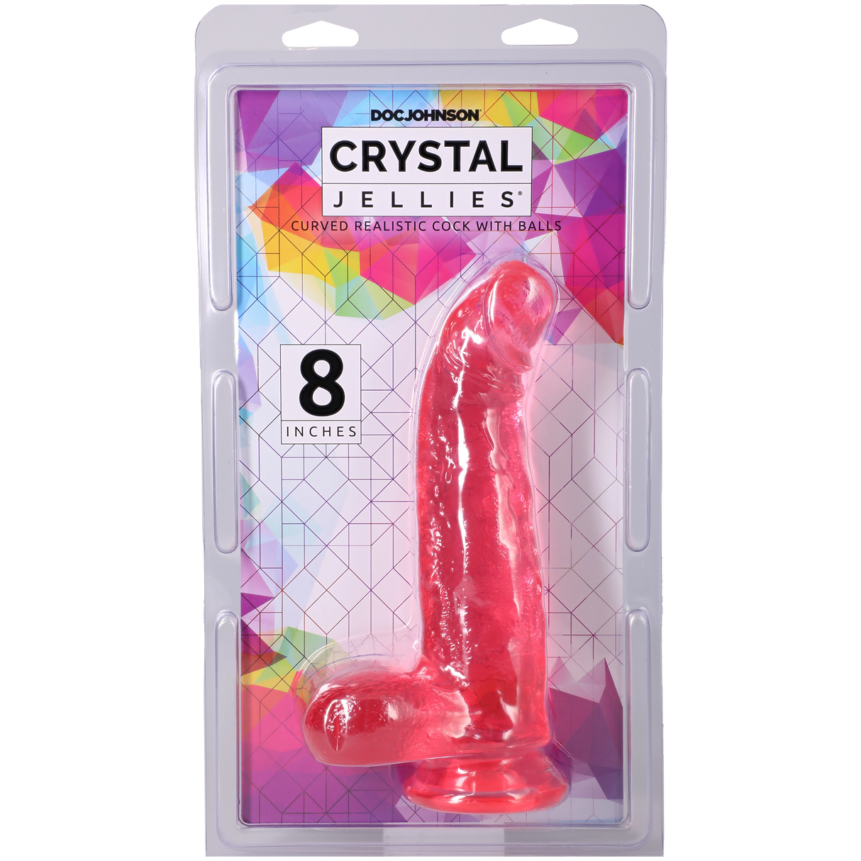 Crystal Jellies Curved Realistic Cock With Balls 8 Inch Pink in packaging showcasing its design and features.