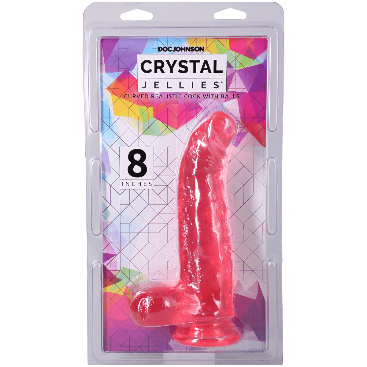 Crystal Jellies Curved Realistic Cock With Balls 8 Inch Pink in packaging showcasing its design and features.