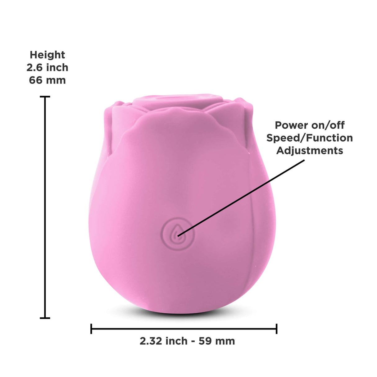 Inya the Rose Suction Vibe Pink dimensions and controls for air pulse stimulation.