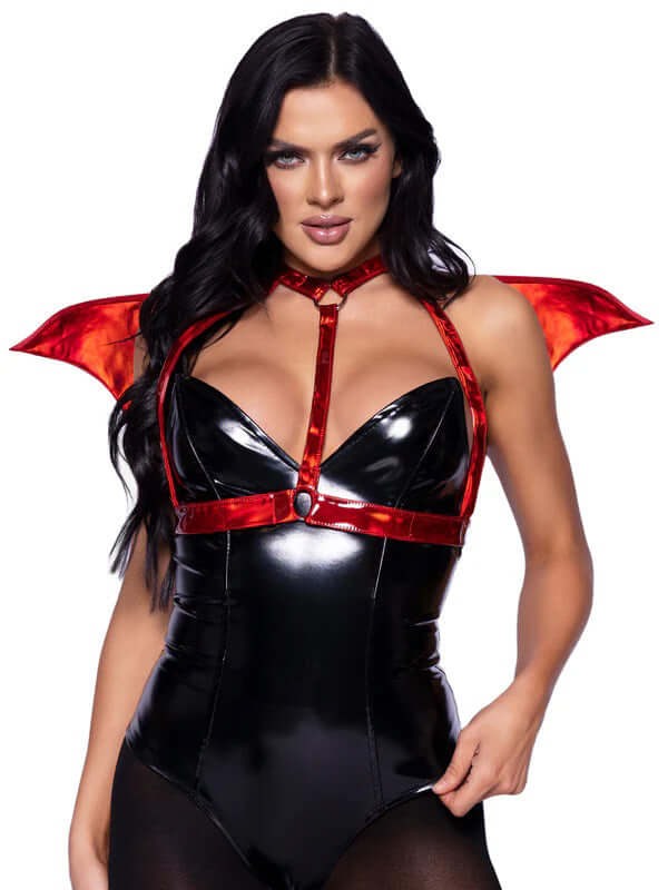 Leg Avenue Devil Wing Body Harness OS Red worn by a model showcasing iridescent red wings and a bold costume look.