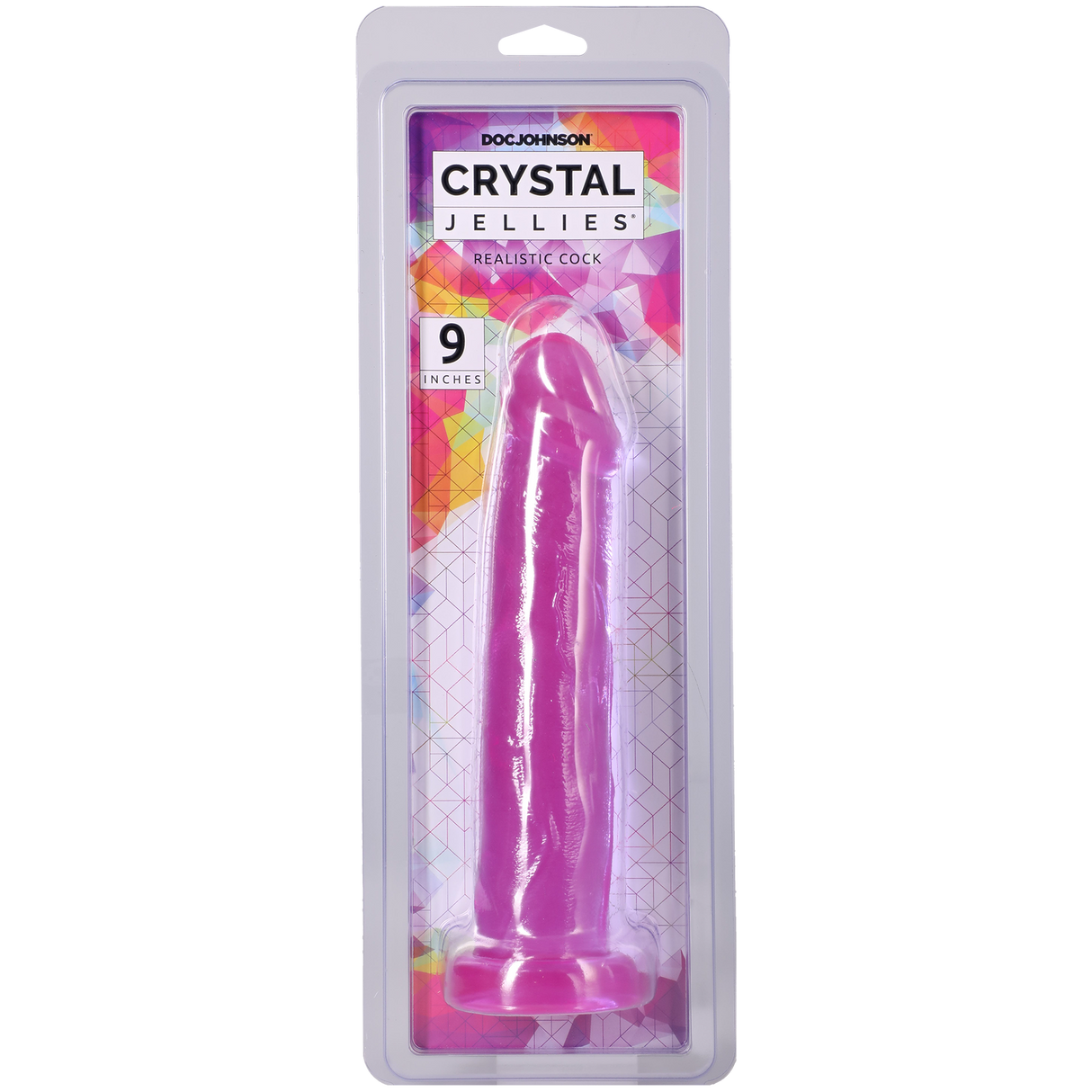 Crystal Jellies Realistic Cock 9 Inch Purple in packaging with vibrant colors and realistic design details.