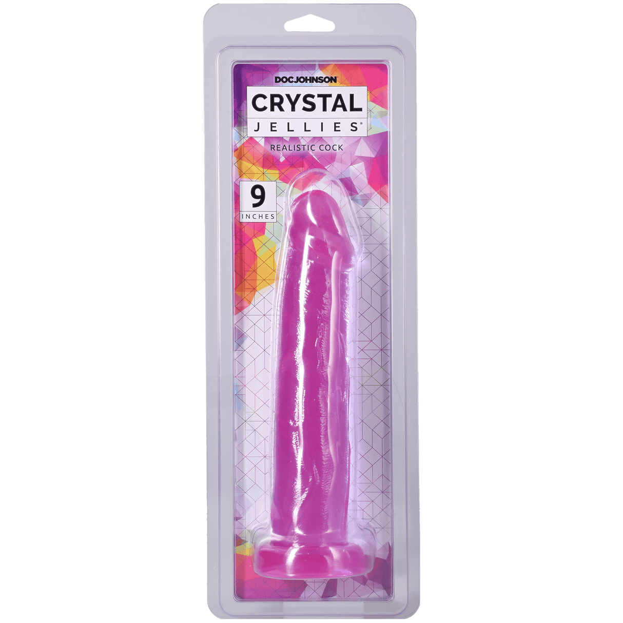 Crystal Jellies Realistic Cock 9 Inch Purple in packaging with vibrant colors and realistic design details.