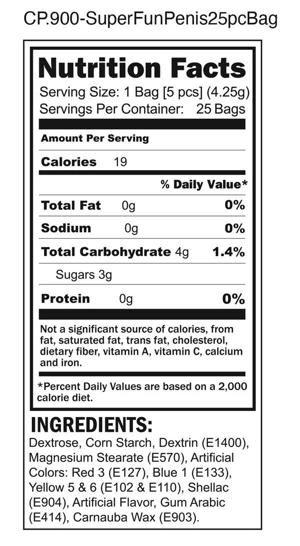 Nutrition facts for Super Fun Penis Candy 25 Individual Fun-Size Packages, including calories and ingredients.