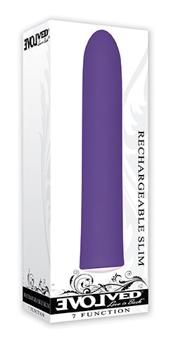 Evolved 7 Function Rechargeable Slim Vibrator Purple packaging display with sleek design.