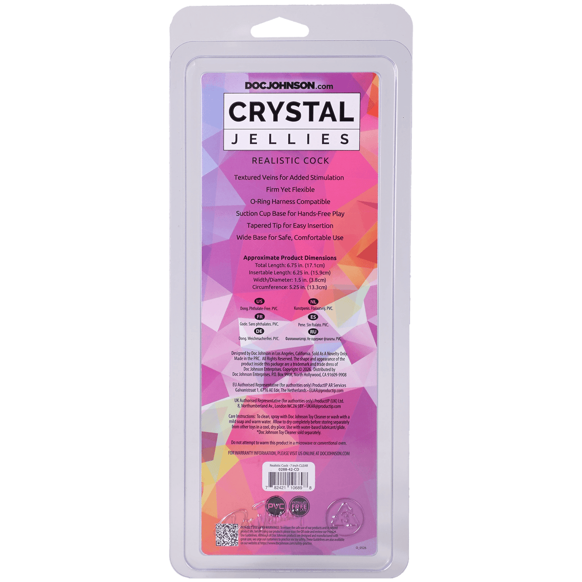 Crystal Jellies Realistic Cock 7 Inches Clear packaging with details on features and usage.