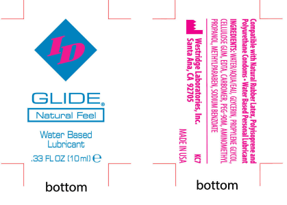 ID Glide Water-based Lubricant 10 ml Pillow Jar 144 Count product label showing ingredients and compatibility details.