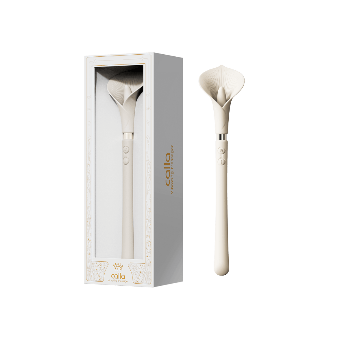 ZALO Calla Dual-Head Vibrating Wand in ivory white packaging, featuring a graceful Calla Lily design.