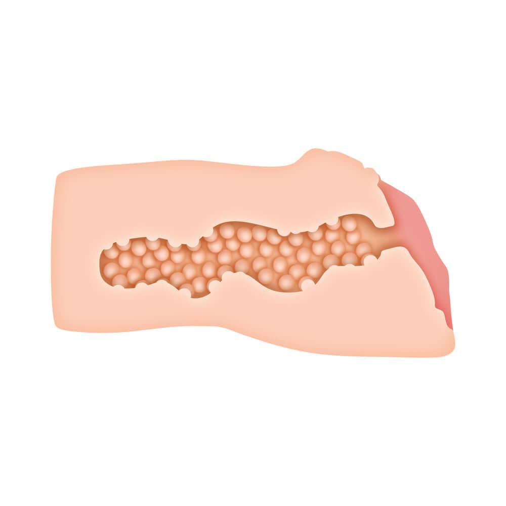 Realistic TPE vagina stroker with textured channel for enhanced pleasure and ergonomic grip for control.