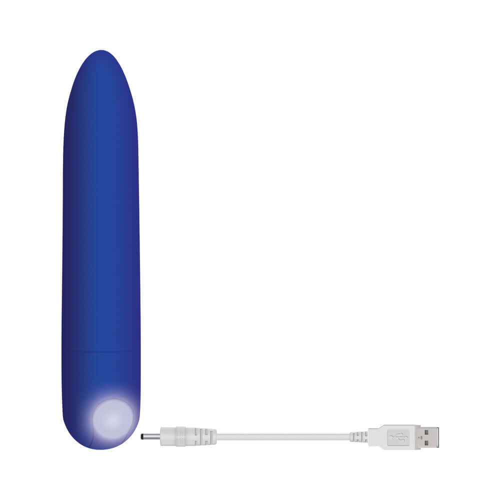 Zero Tolerance All Mighty Rechargeable Bullet Vibrator in blue with USB charging cable, waterproof for enhanced pleasure.