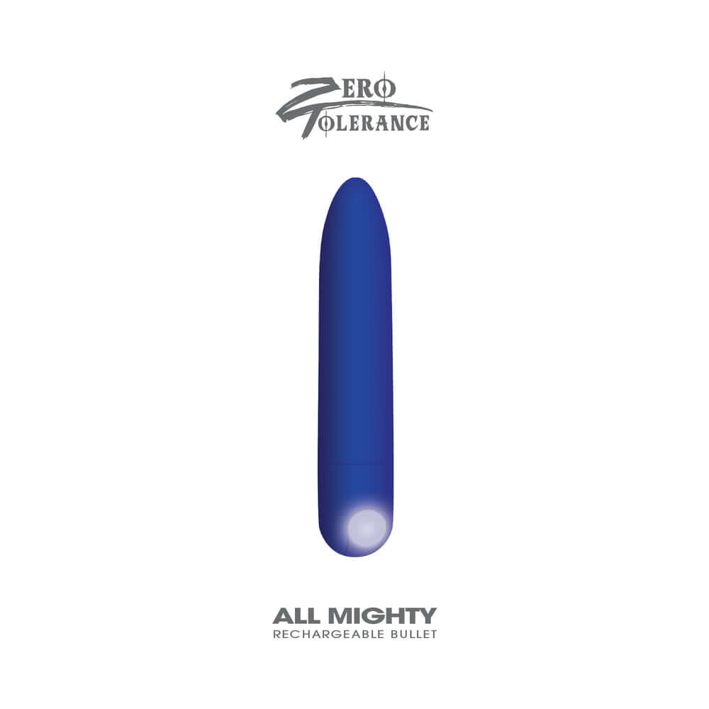 Zero Tolerance All Mighty Rechargeable Bullet Vibrator in blue, waterproof and perfect for precise pleasure.
