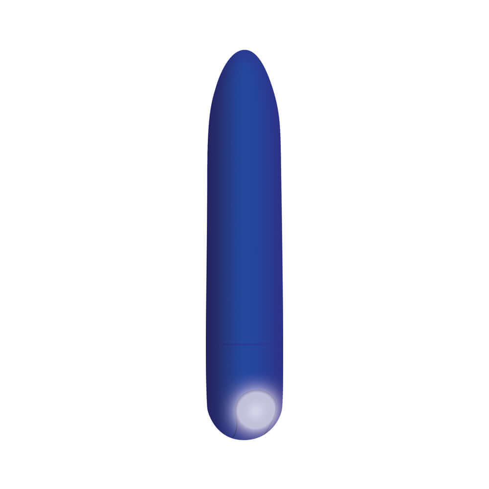 Blue rechargeable mini-vibrator with tapered tip for precision pleasure, waterproof and easy to clean.