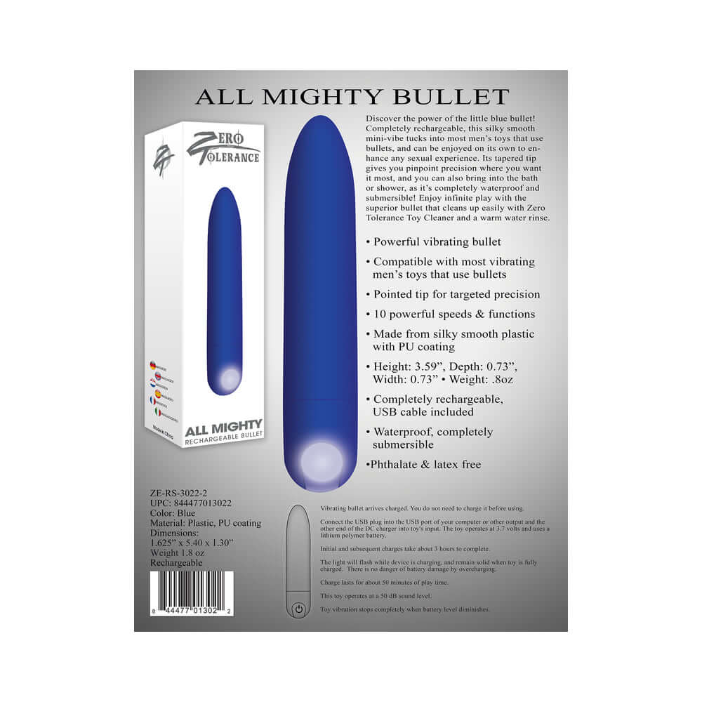 Zero Tolerance All Mighty Rechargeable Bullet Vibrator in blue with detailed product information on the packaging.