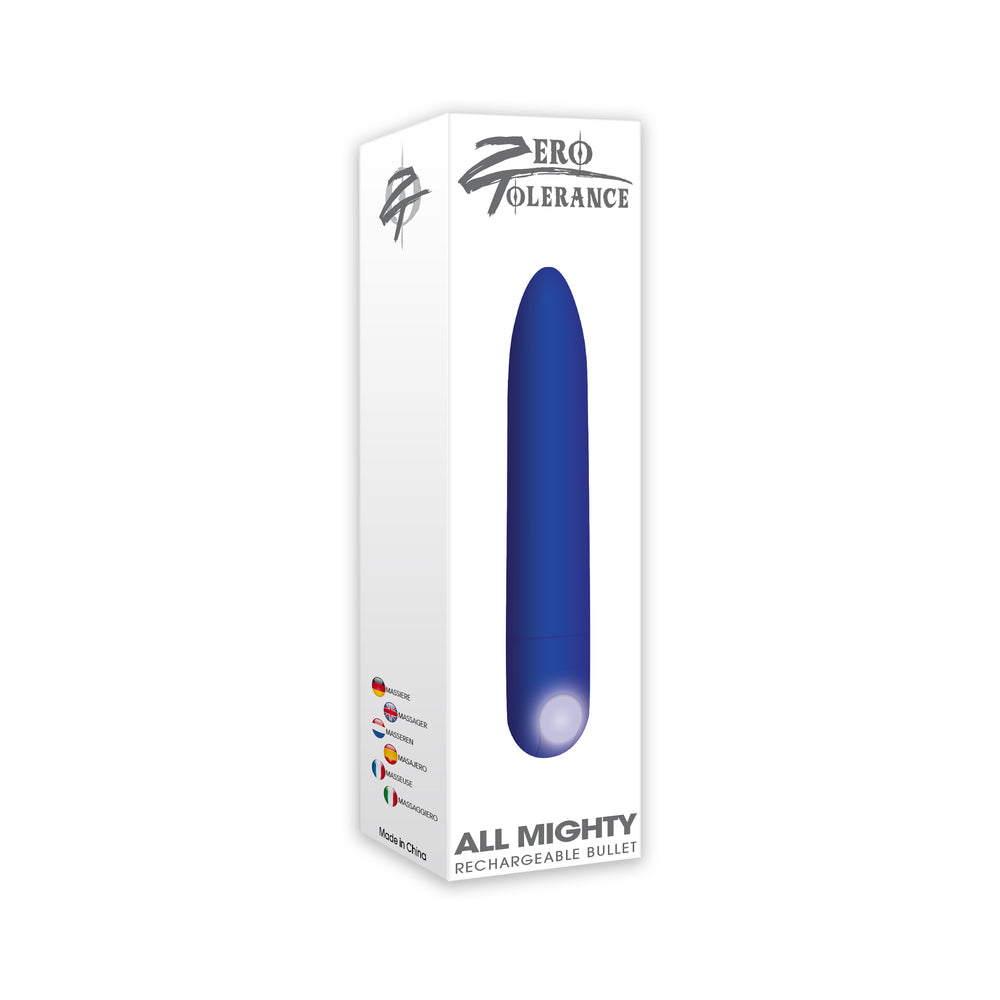 Zero Tolerance All Mighty rechargeable bullet vibrator in blue packaging, perfect for enhancing intimate experiences.