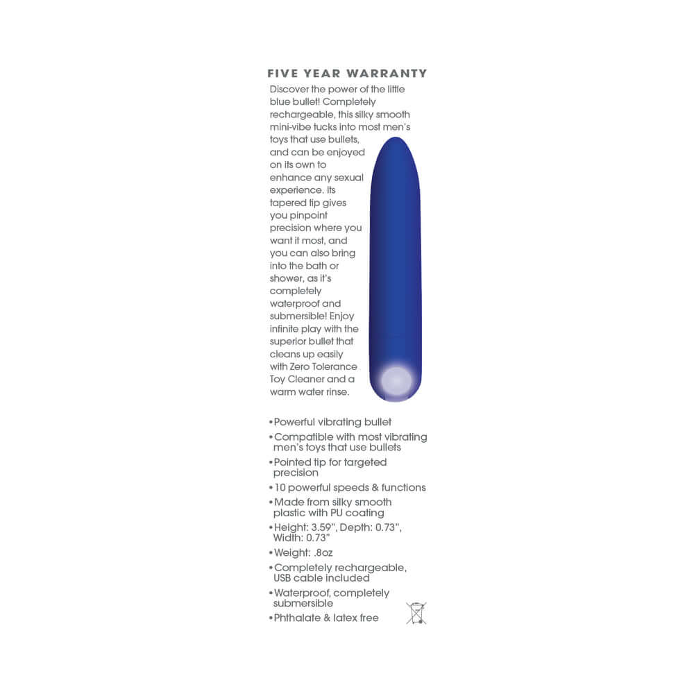 Zero Tolerance All Mighty Rechargeable Bullet Vibrator Blue with detailed features and warranty information.