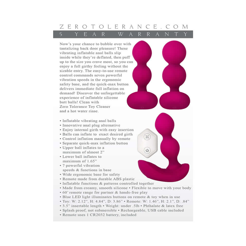 Zero Tolerance Bubble Butt Inflatable Vibrating Beaded Anal Plug product details and features in pink with remote control.