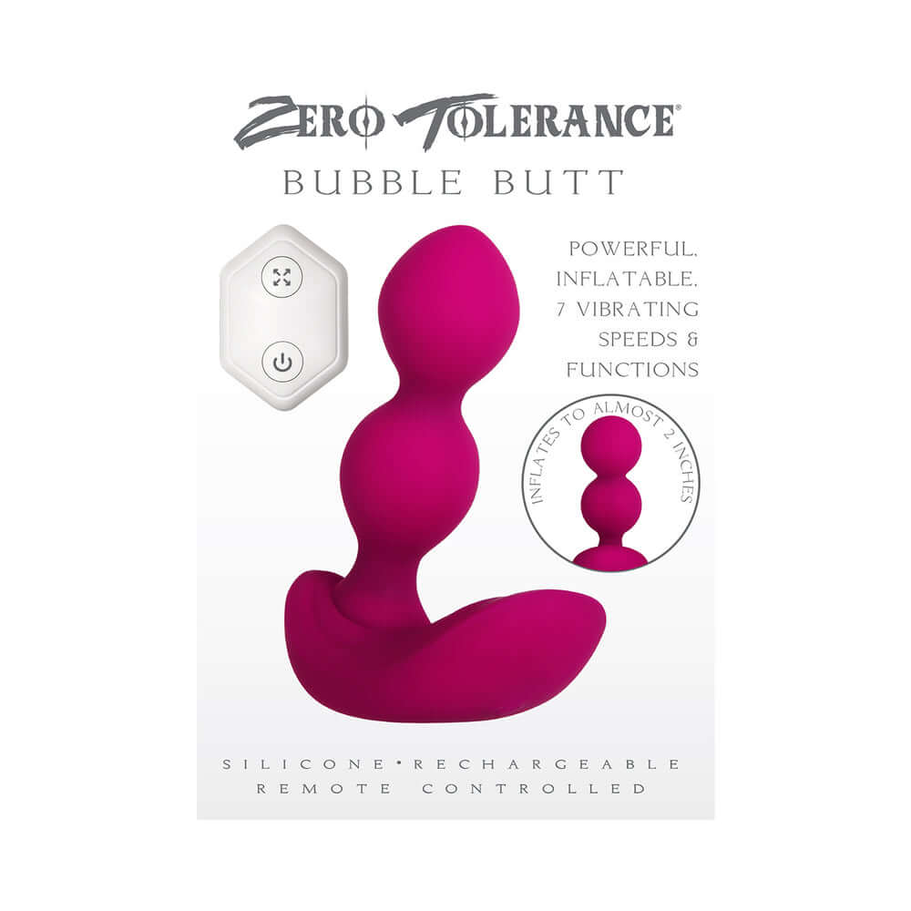 Zero Tolerance Bubble Butt Inflatable Vibrating Anal Plug in pink, offering 7 speeds and remote control for enhanced pleasure.