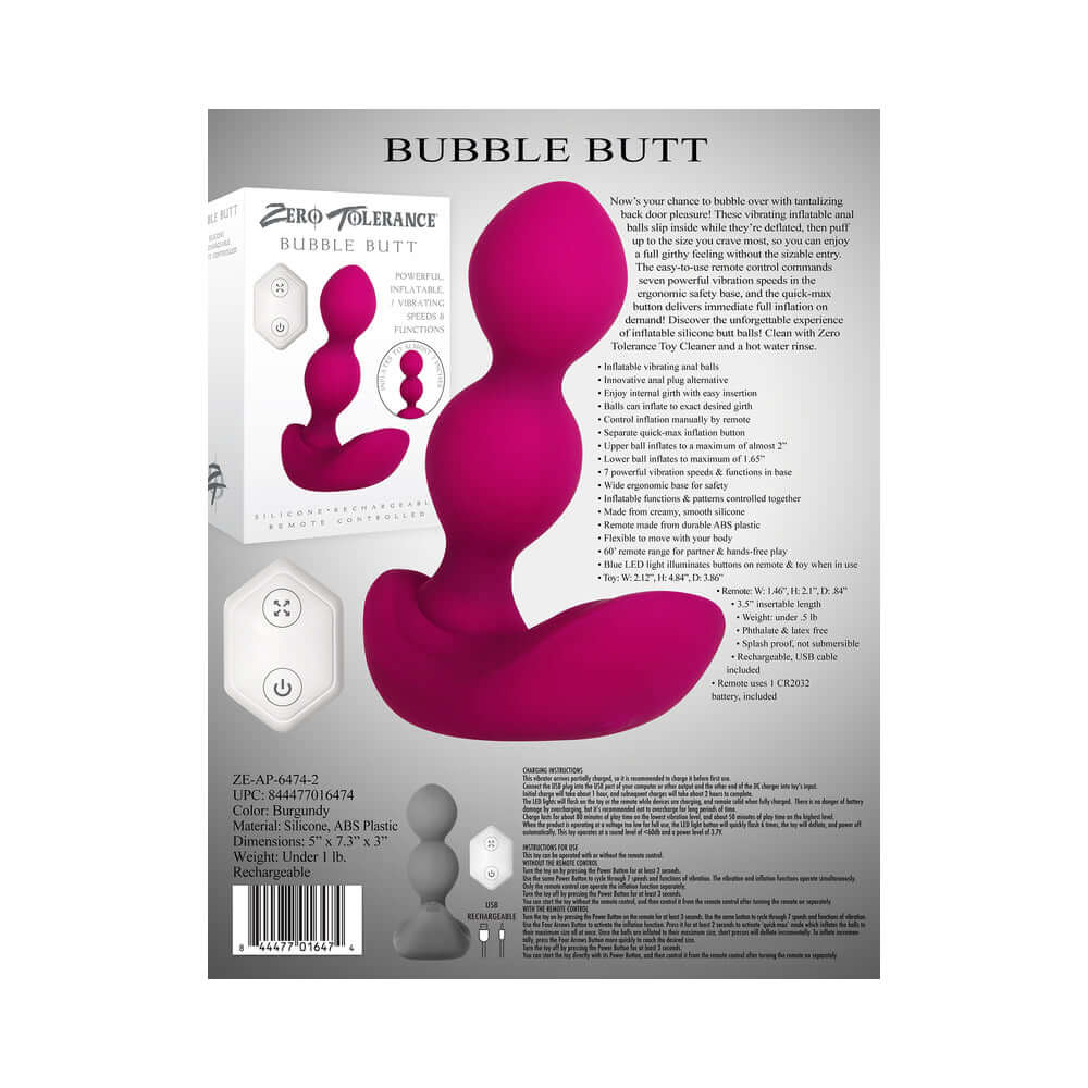 Zero Tolerance Bubble Butt inflatable vibrating anal plug in pink, showcasing design and features on product packaging.
