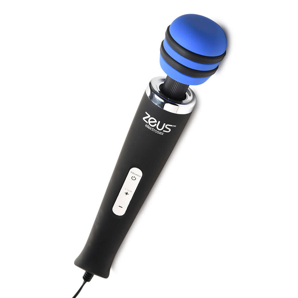 Zeus Electrosex E-Stim Vibrating Wand Massager with blue plush head and flexible neck for versatile sensations.