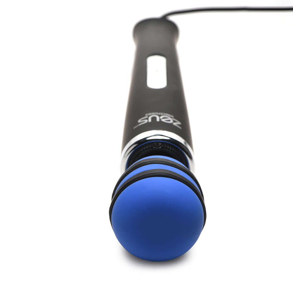 Zeus Electrosex E-Stim Vibrating Wand Massager with blue head and ergonomic handle.