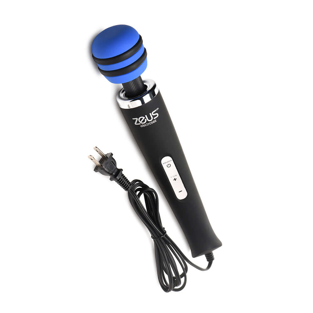 Zeus Electrosex E-Stim Vibrating Wand Massager with blue head and black handle, featuring a flexible neck and power cord.