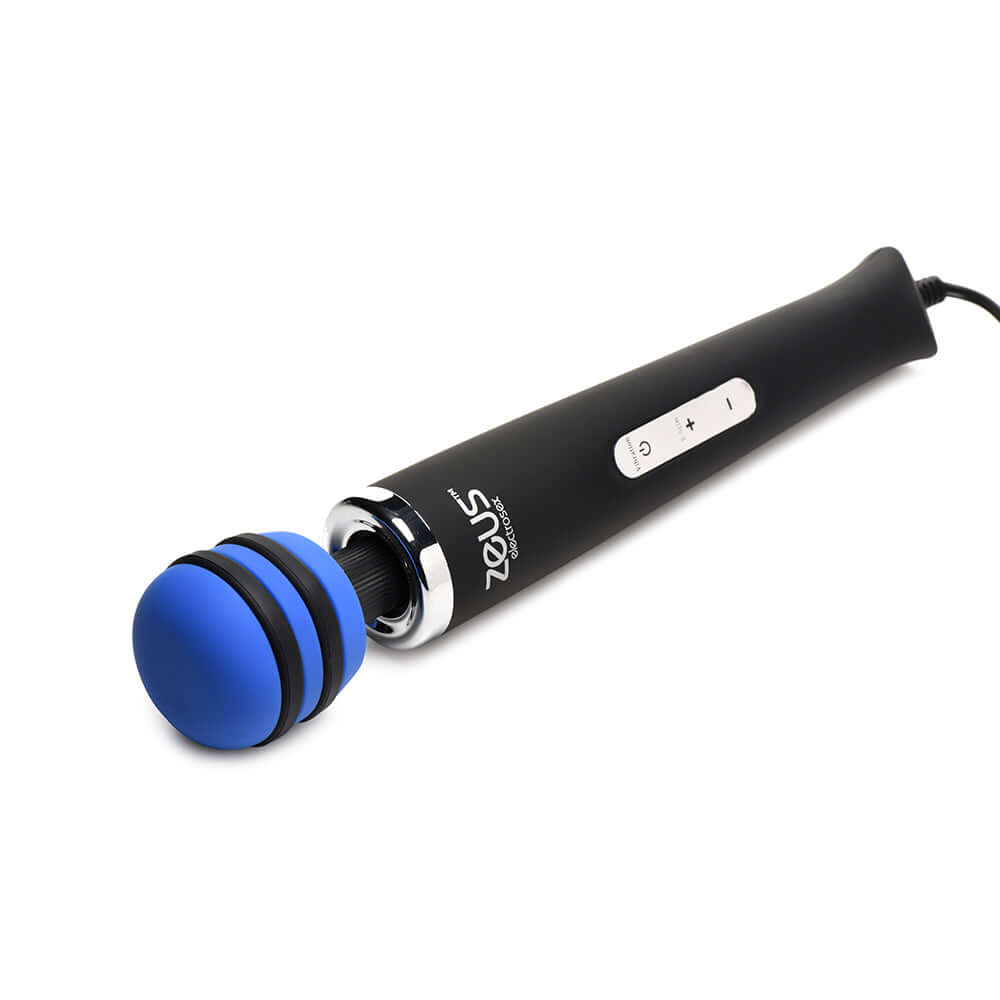Zeus Electrosex E-Stim Vibrating Wand Massager with blue plush head and flexible neck for powerful stimulation.