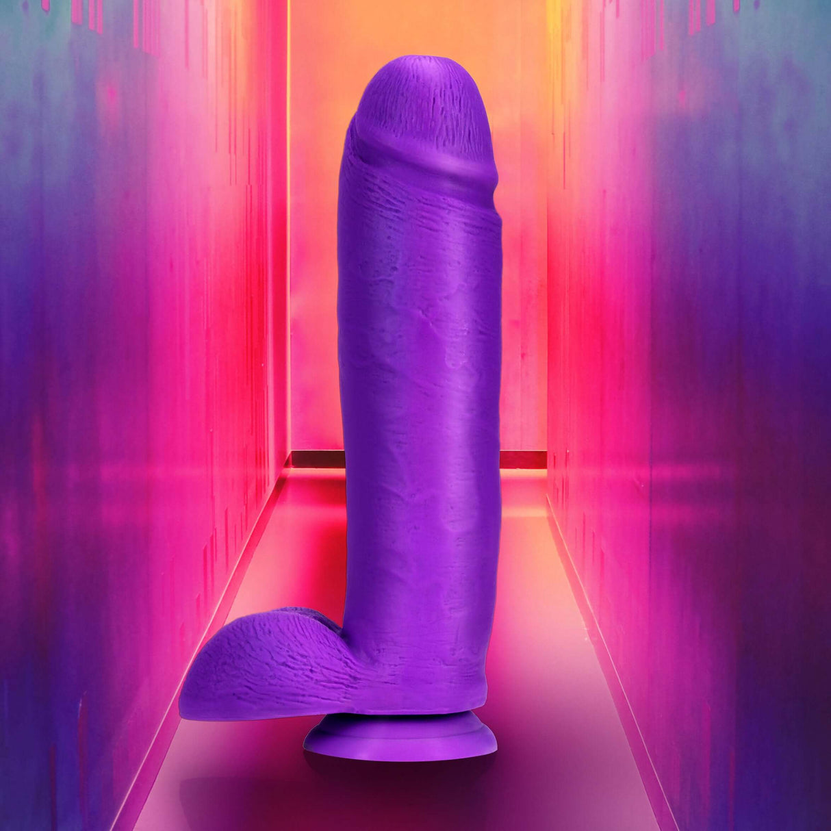 Neo Elite 10 Inch Silicone Dual Density Cock with Balls Purple displayed in a vibrant colorful background.