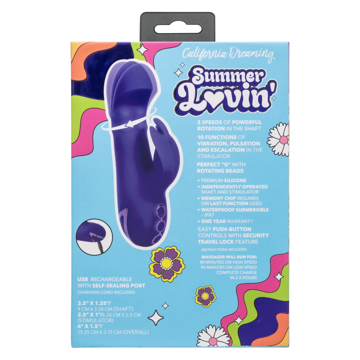 California Dreaming Haight Ashbury Hottie Vibrator Purple packaging with features and design details.