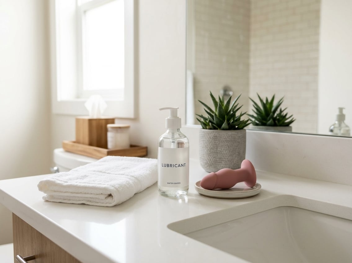 A clean bathroom countertop with a silicone anal toy, lubricant, and a towel arranged neatly.
